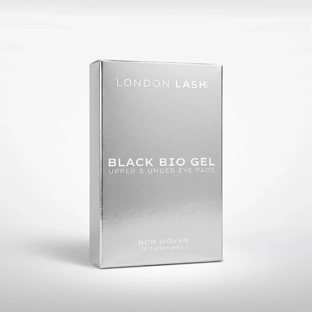 Angled perspective view of the silver London Lash Black Bio Gel Upper & Under Eye Pads 10-treatment packaging box.